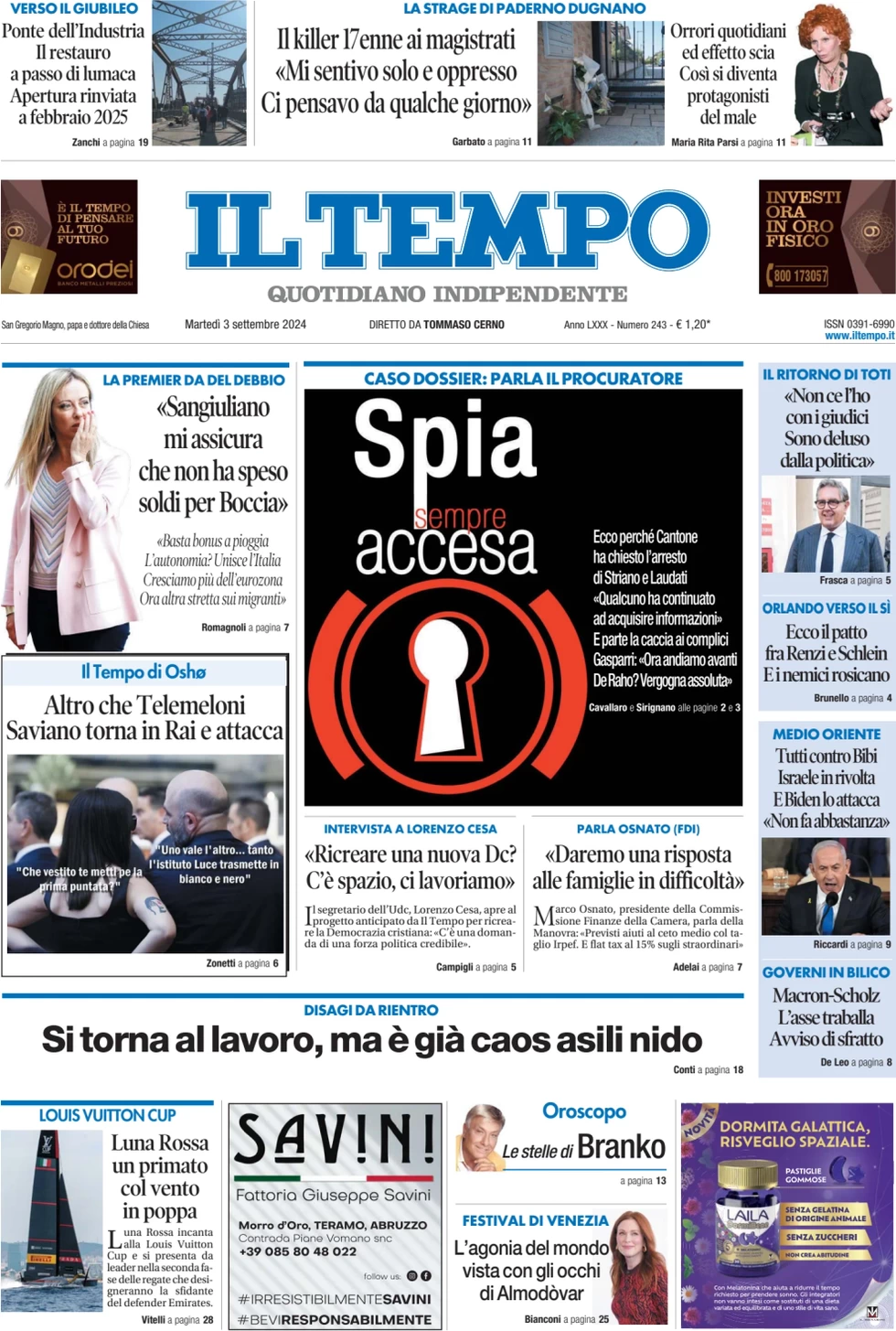 anteprima della prima pagina di il-tempo del 03/09/2024
