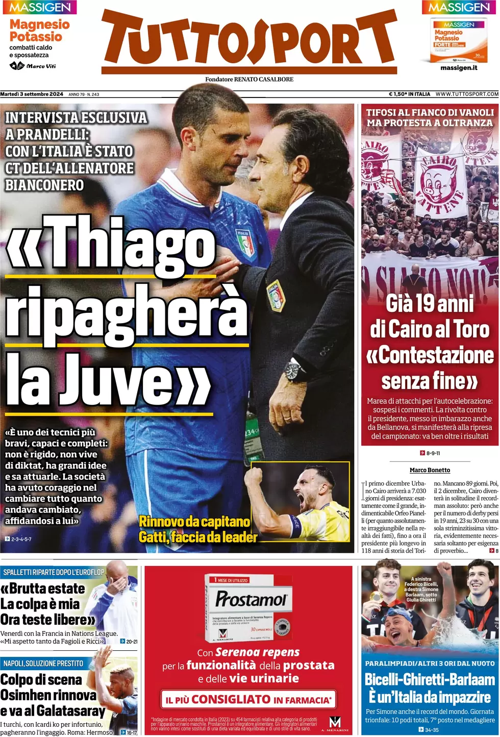 anteprima della prima pagina di tuttosport del 03/09/2024