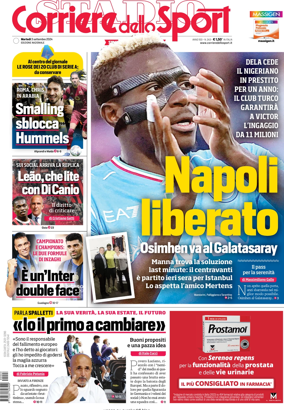 anteprima della prima pagina di corriere-dello-sport del 03/09/2024