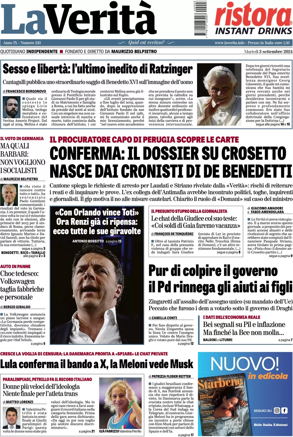 anteprima della prima pagina di la-verit del 03/09/2024