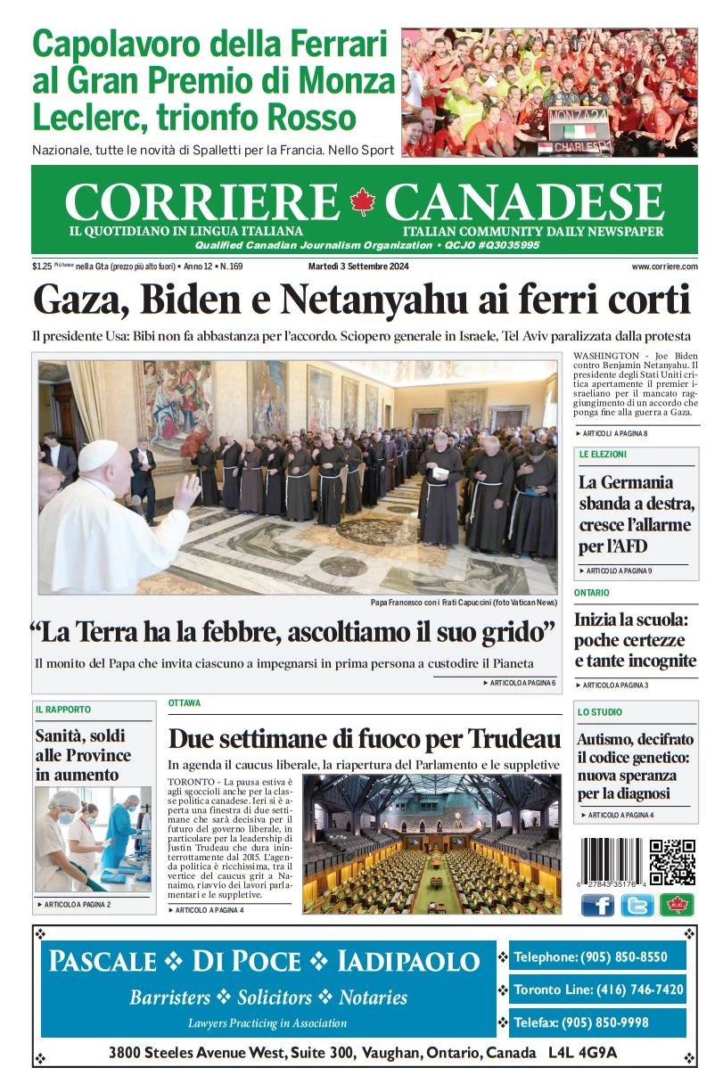 anteprima della prima pagina di corriere-canadese del 03/09/2024