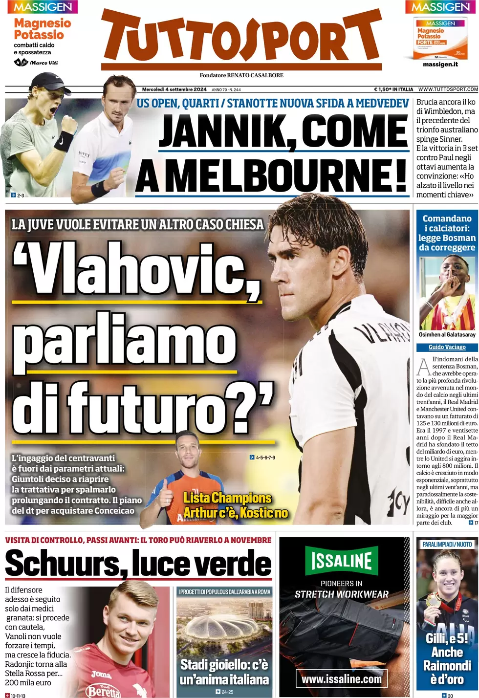 anteprima della prima pagina di tuttosport del 04/09/2024