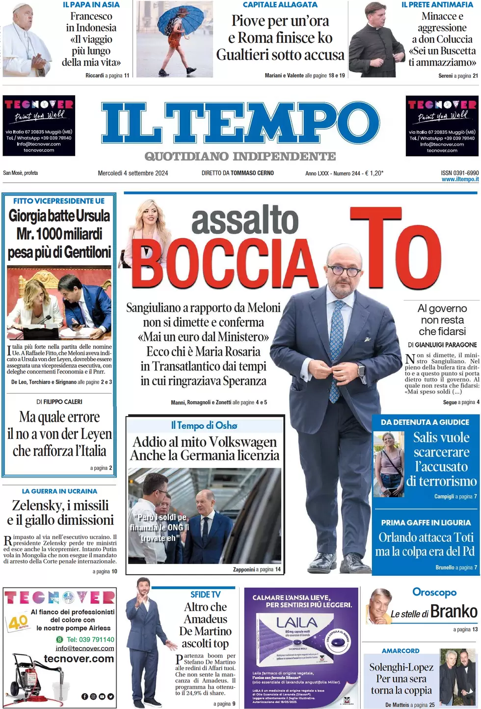 anteprima della prima pagina di il-tempo del 04/09/2024