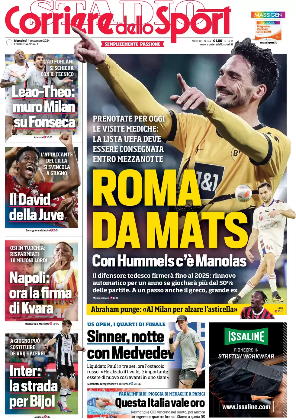 anteprima della prima pagina di corriere-dello-sport del 04/09/2024