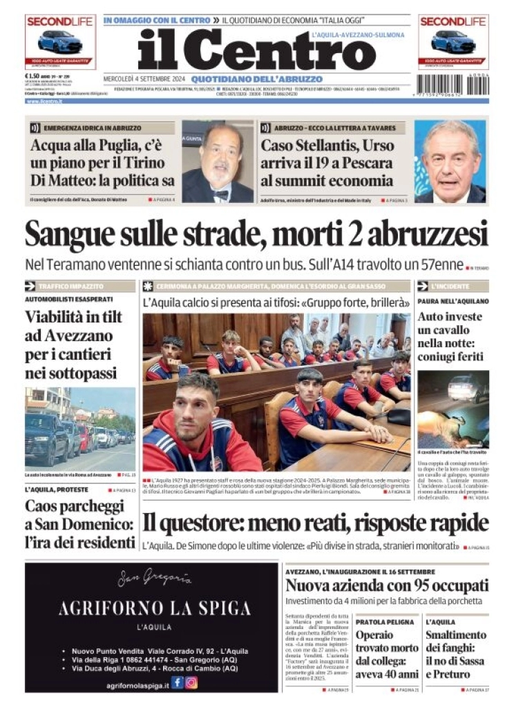 anteprima della prima pagina di il-centro-laquila del 04/09/2024