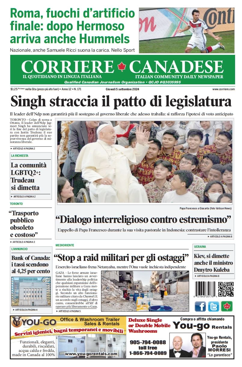 anteprima della prima pagina di corriere-canadese del 05/09/2024