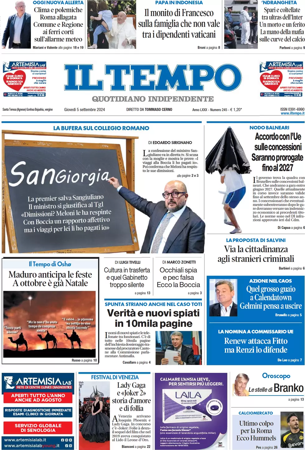 anteprima della prima pagina di il-tempo del 05/09/2024
