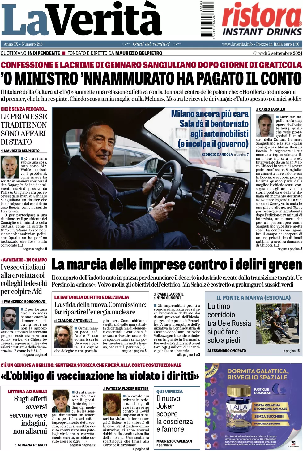 anteprima della prima pagina di la-verit del 05/09/2024