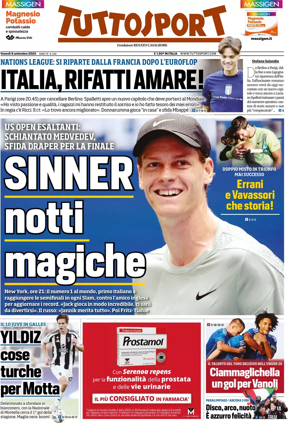 anteprima della prima pagina di tuttosport del 06/09/2024