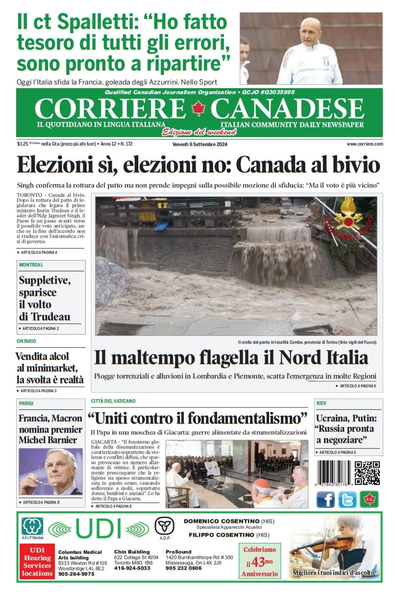 anteprima della prima pagina di corriere-canadese del 06/09/2024