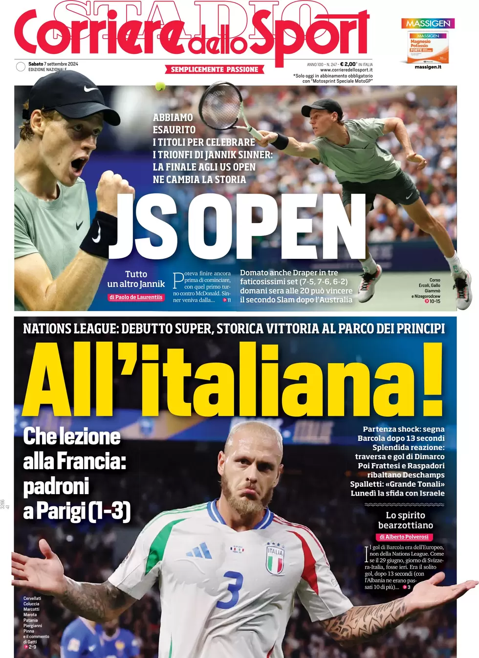 anteprima della prima pagina di corriere-dello-sport del 07/09/2024