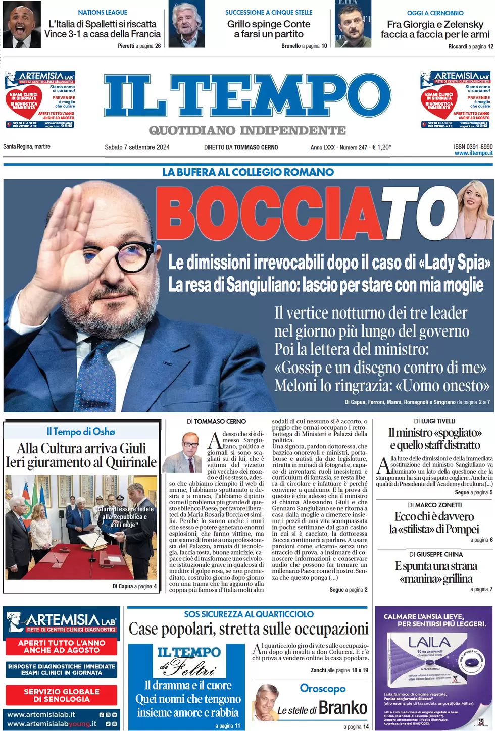 anteprima della prima pagina di il-tempo del 07/09/2024