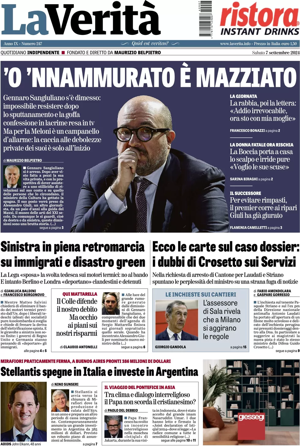 anteprima della prima pagina di la-verit del 07/09/2024