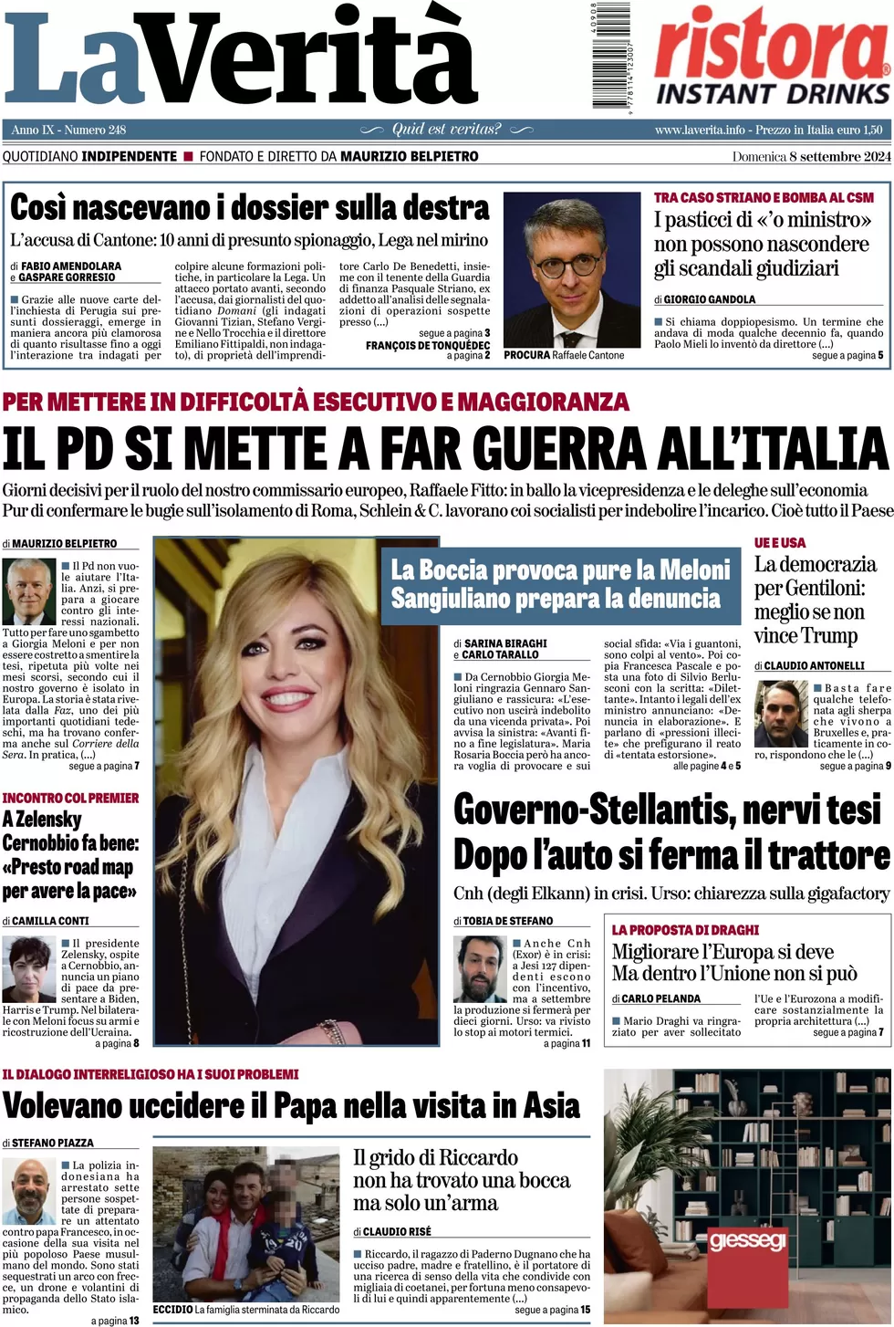anteprima della prima pagina di la-verit del 08/09/2024