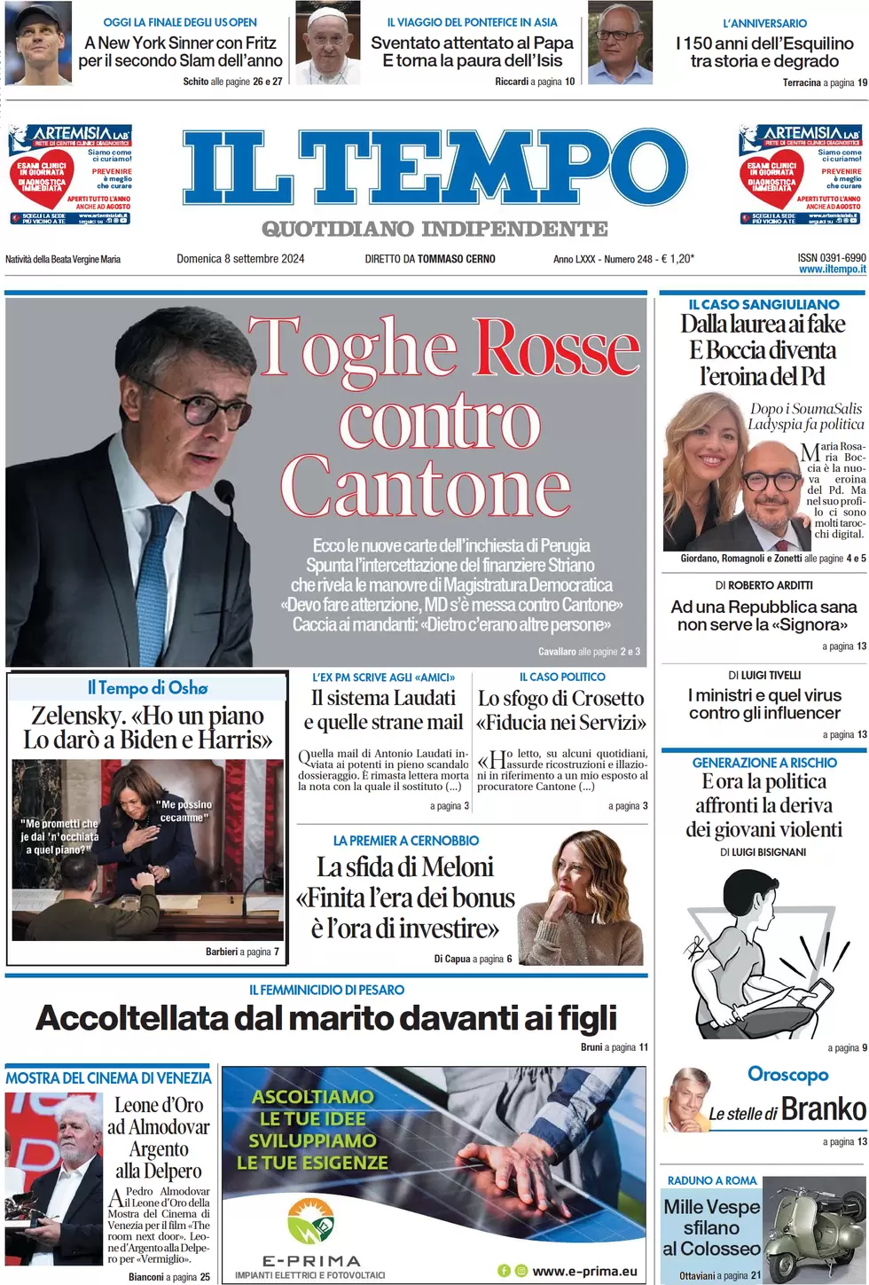 anteprima della prima pagina di il-tempo del 08/09/2024