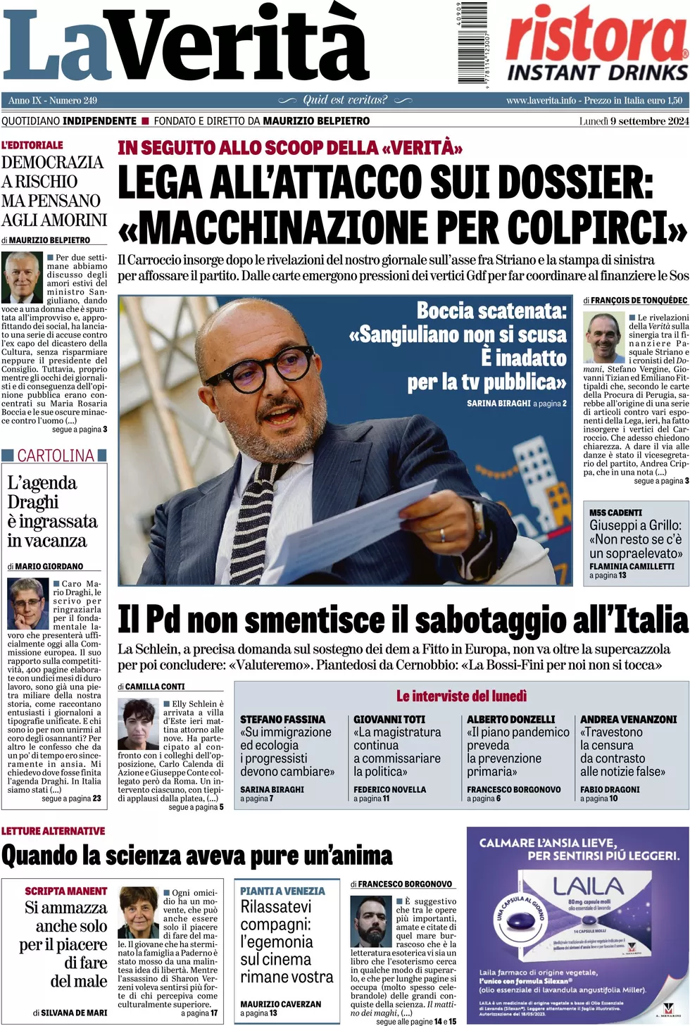 anteprima della prima pagina di la-verit del 09/09/2024