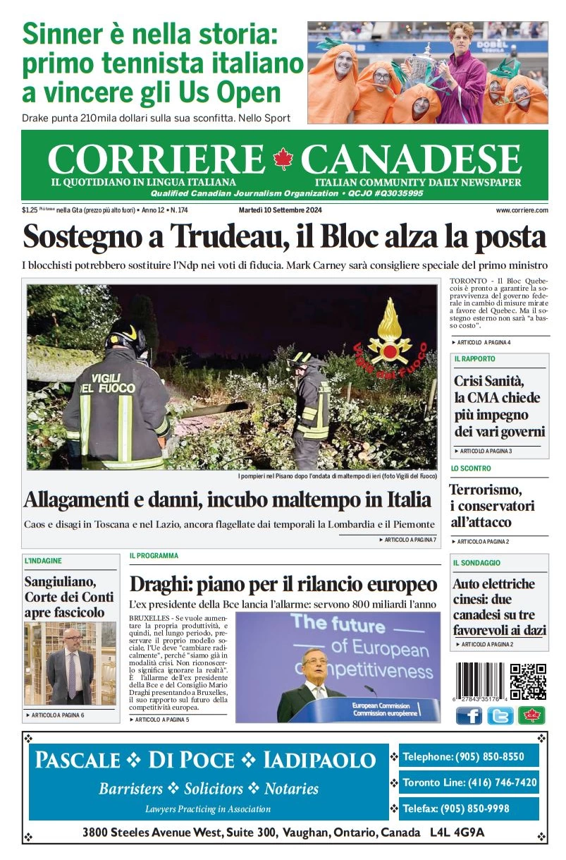 anteprima della prima pagina di corriere-canadese del 10/09/2024