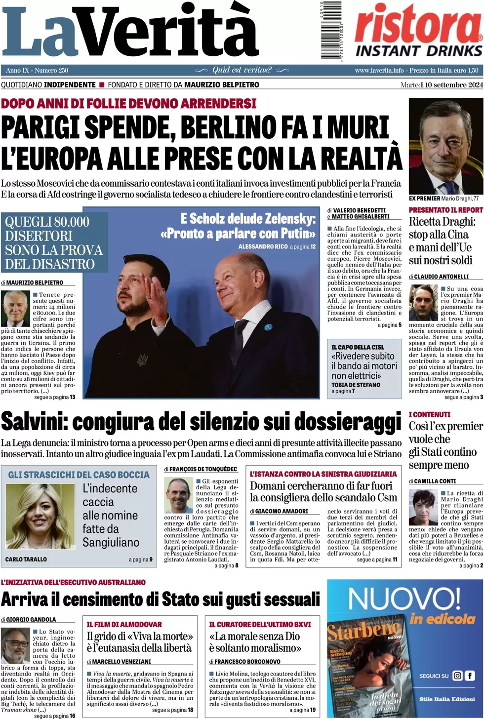 anteprima della prima pagina di la-verit del 10/09/2024