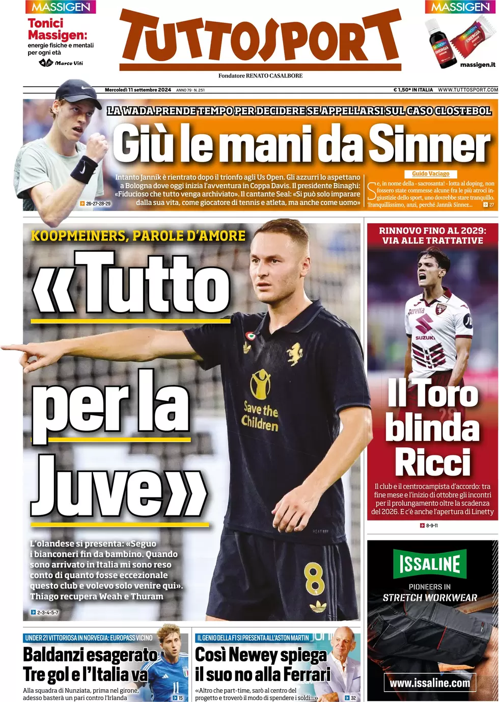 anteprima della prima pagina di tuttosport del 11/09/2024