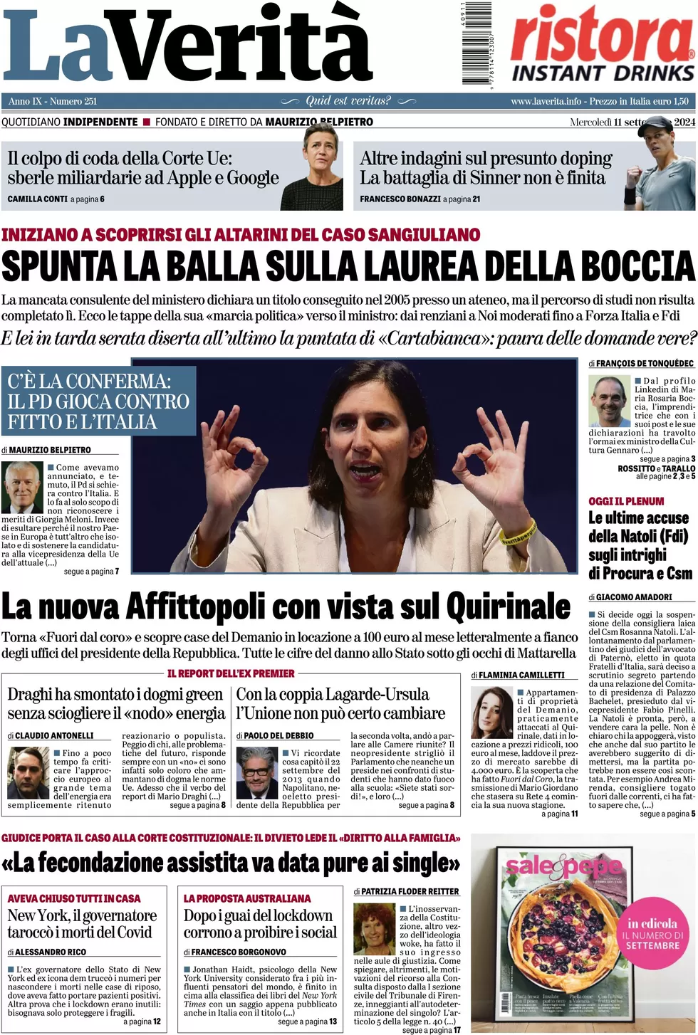 anteprima della prima pagina di la-verit del 11/09/2024
