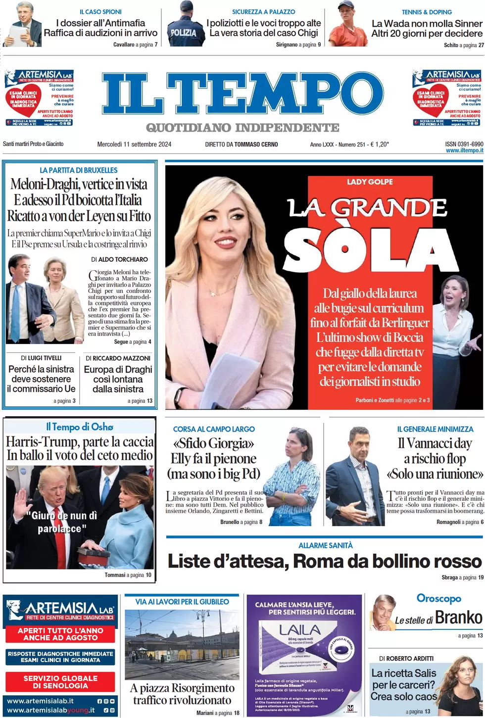 anteprima della prima pagina di il-tempo del 11/09/2024