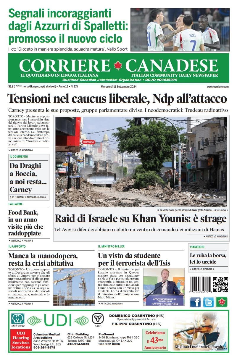 anteprima della prima pagina di corriere-canadese del 11/09/2024