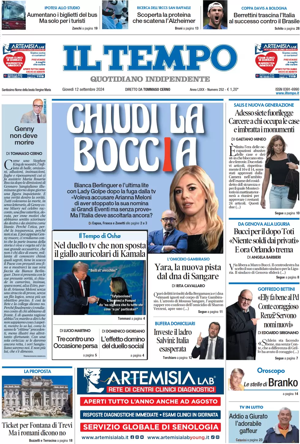anteprima della prima pagina di il-tempo del 12/09/2024