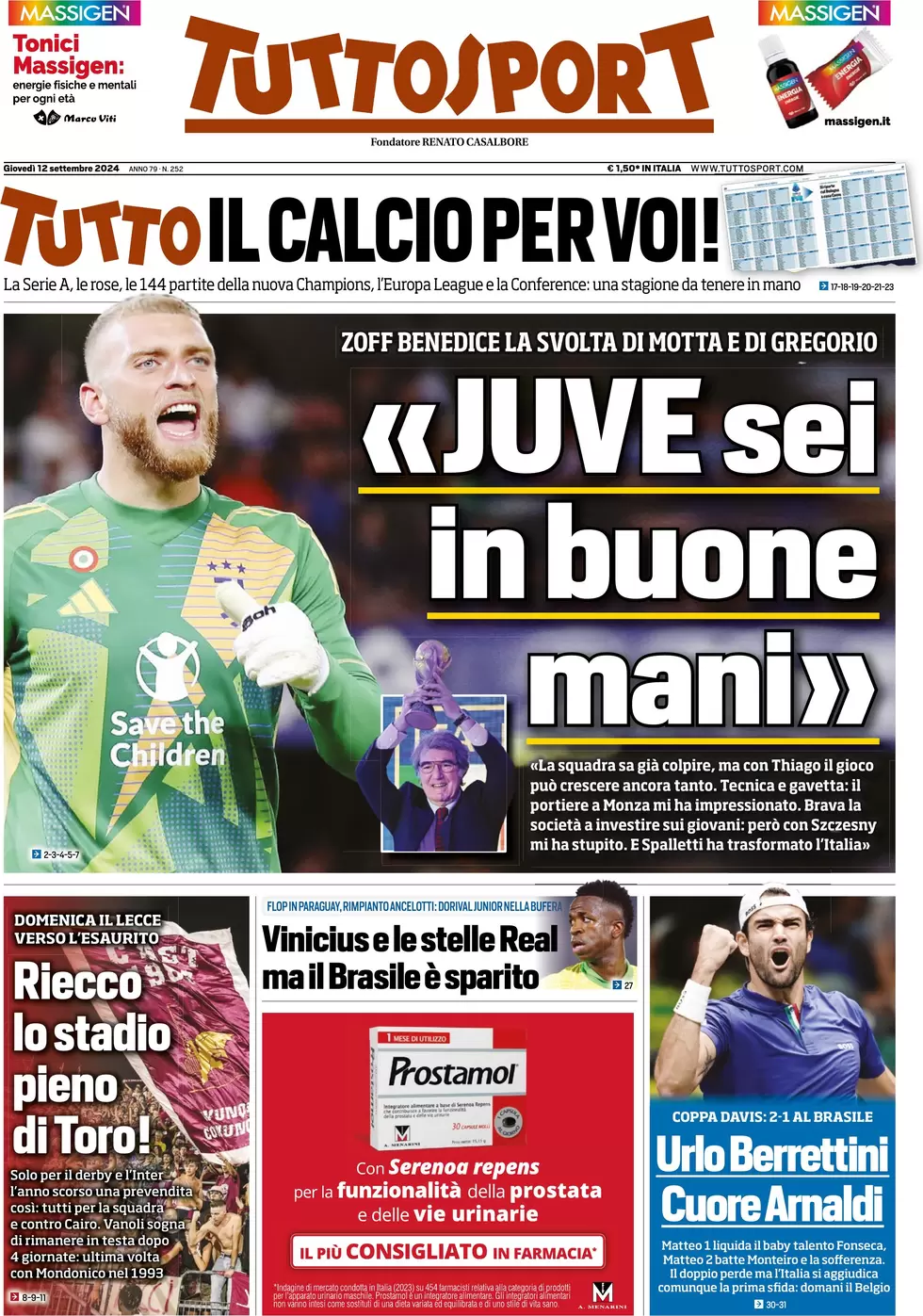 anteprima della prima pagina di tuttosport del 12/09/2024