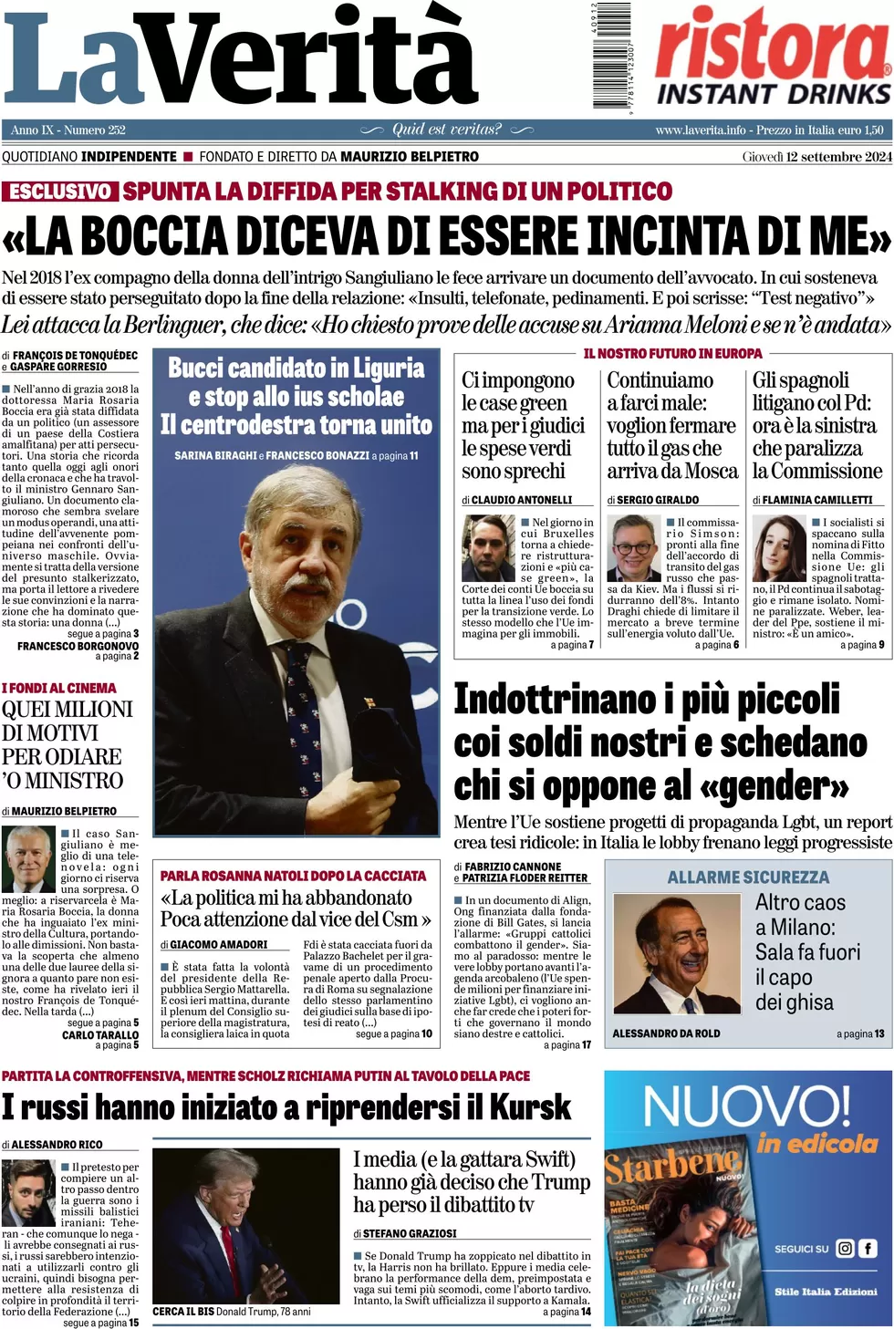 anteprima della prima pagina di la-verit del 12/09/2024