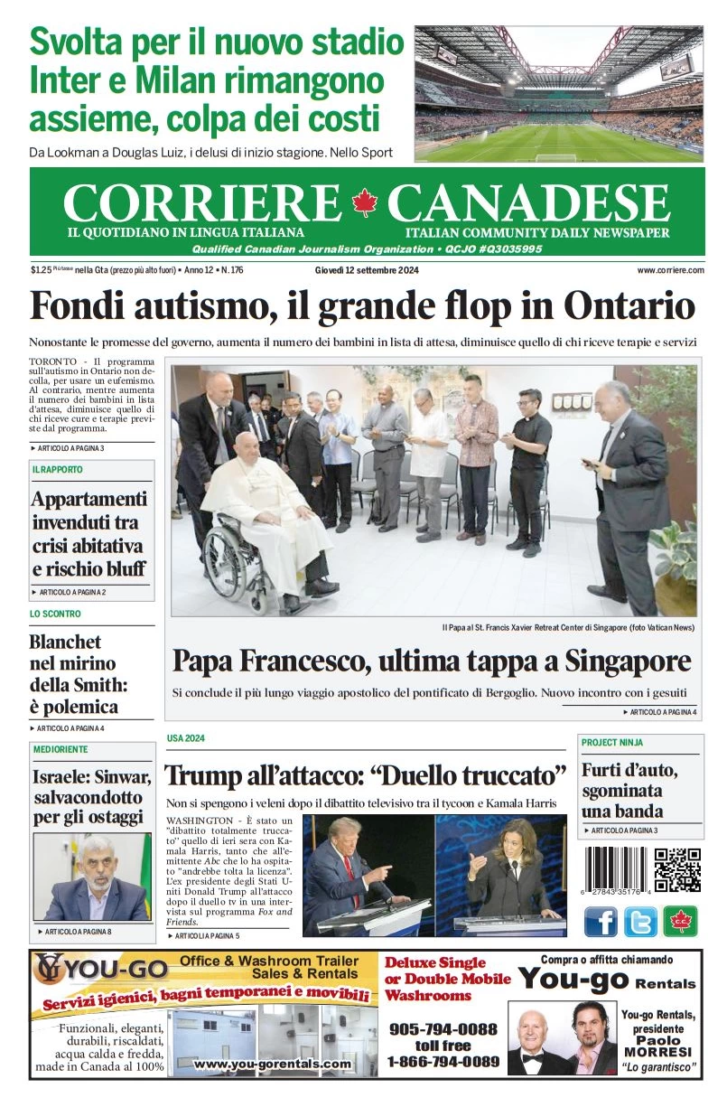 anteprima della prima pagina di corriere-canadese del 12/09/2024