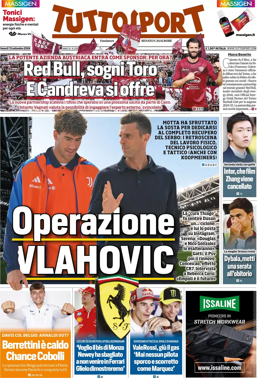 anteprima della prima pagina di tuttosport del 13/09/2024