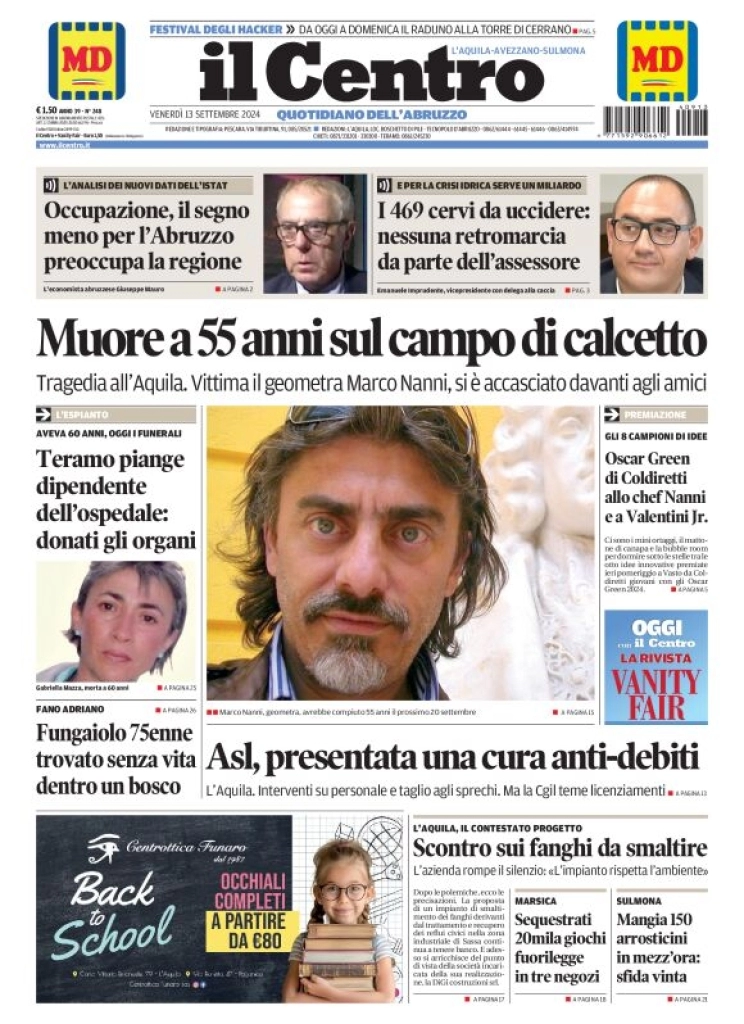 anteprima della prima pagina di il-centro-laquila del 13/09/2024