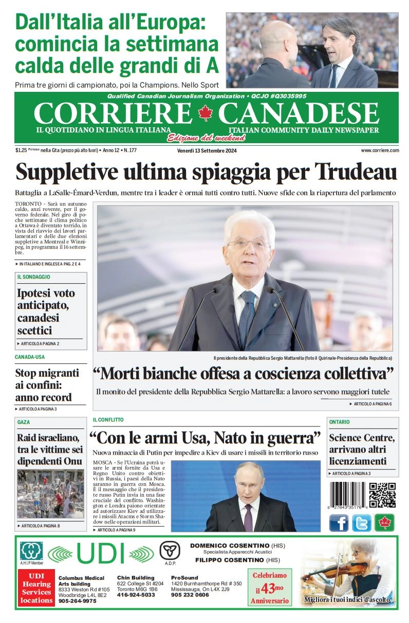 anteprima della prima pagina di corriere-canadese del 13/09/2024