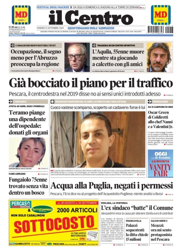 anteprima della prima pagina di il-centro-pescara del 13/09/2024