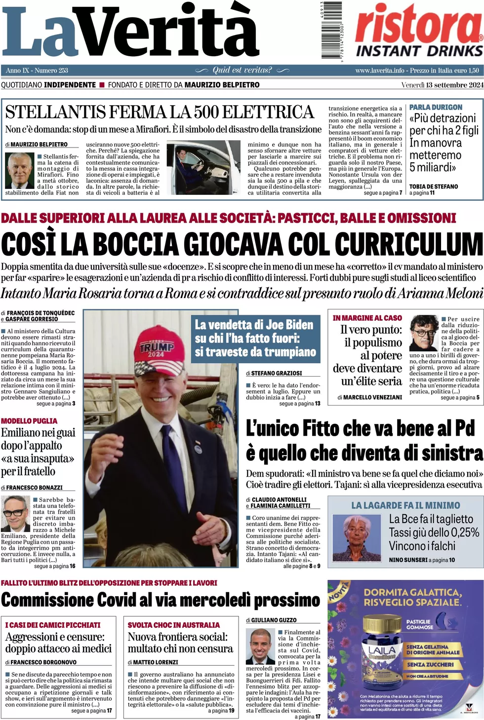 anteprima della prima pagina di la-verit del 13/09/2024