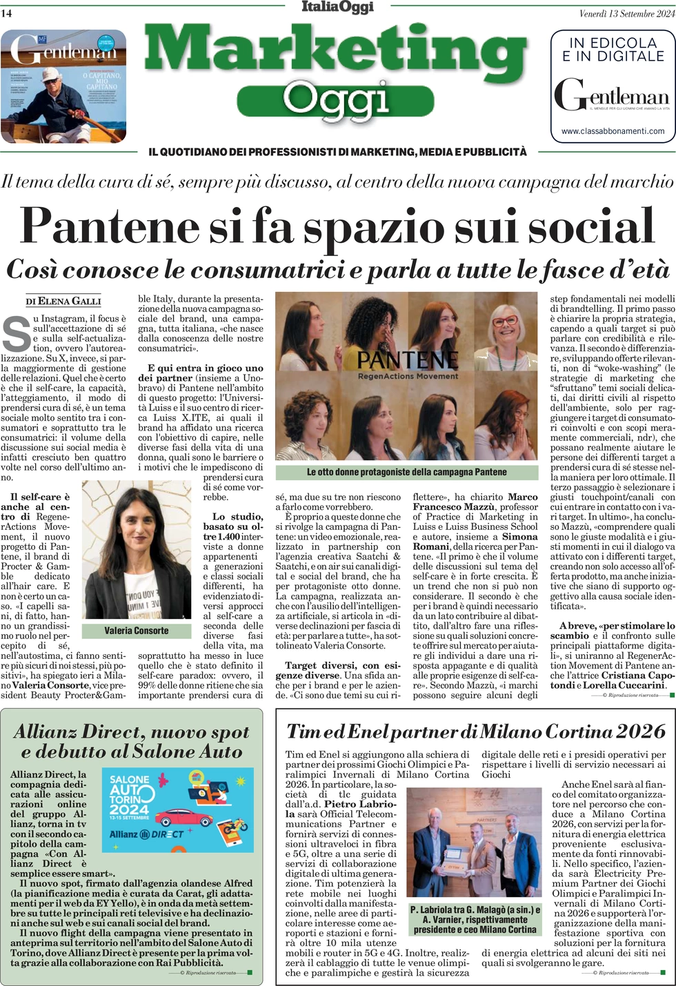 anteprima della prima pagina di marketing-oggi del 13/09/2024