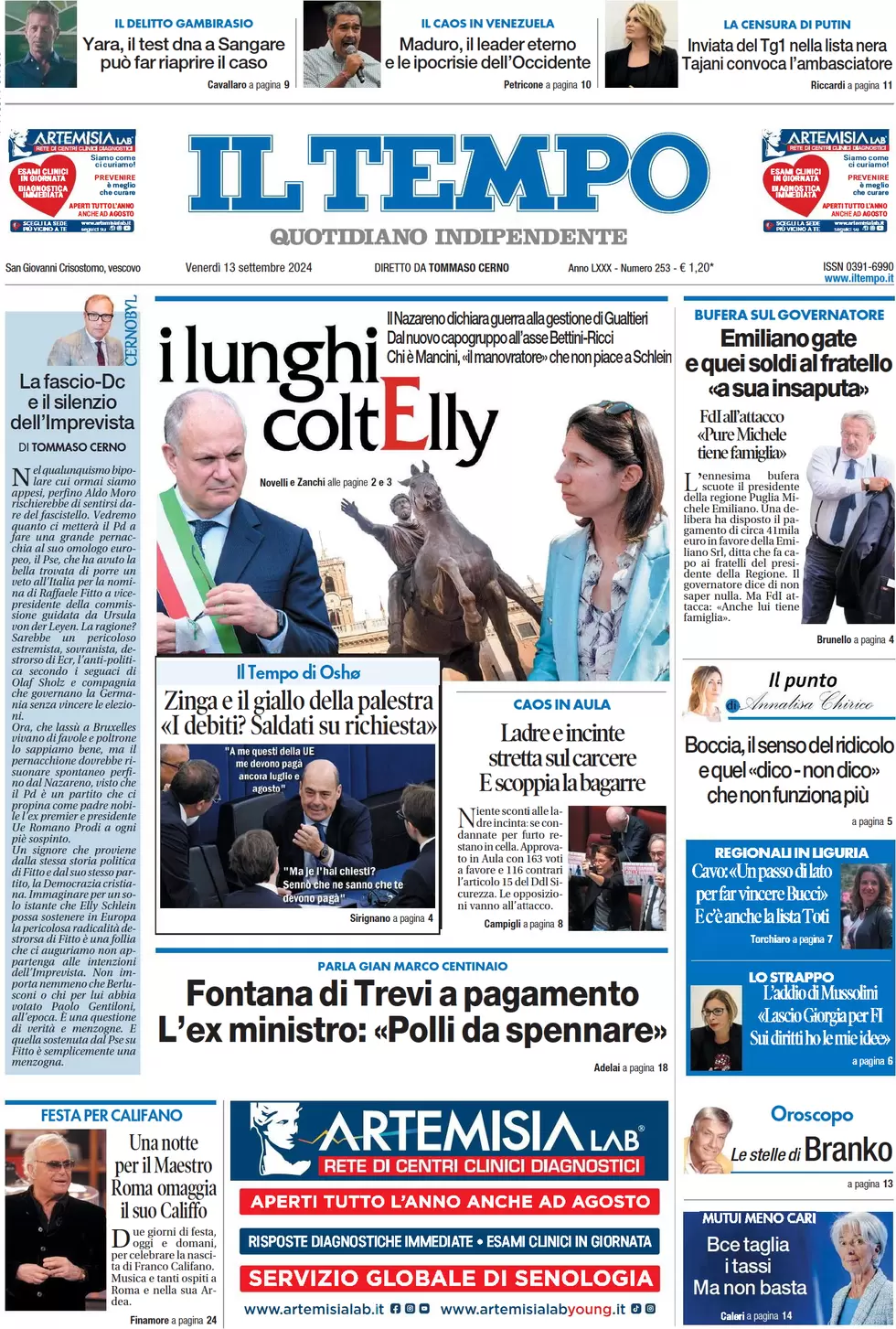 anteprima della prima pagina di il-tempo del 13/09/2024
