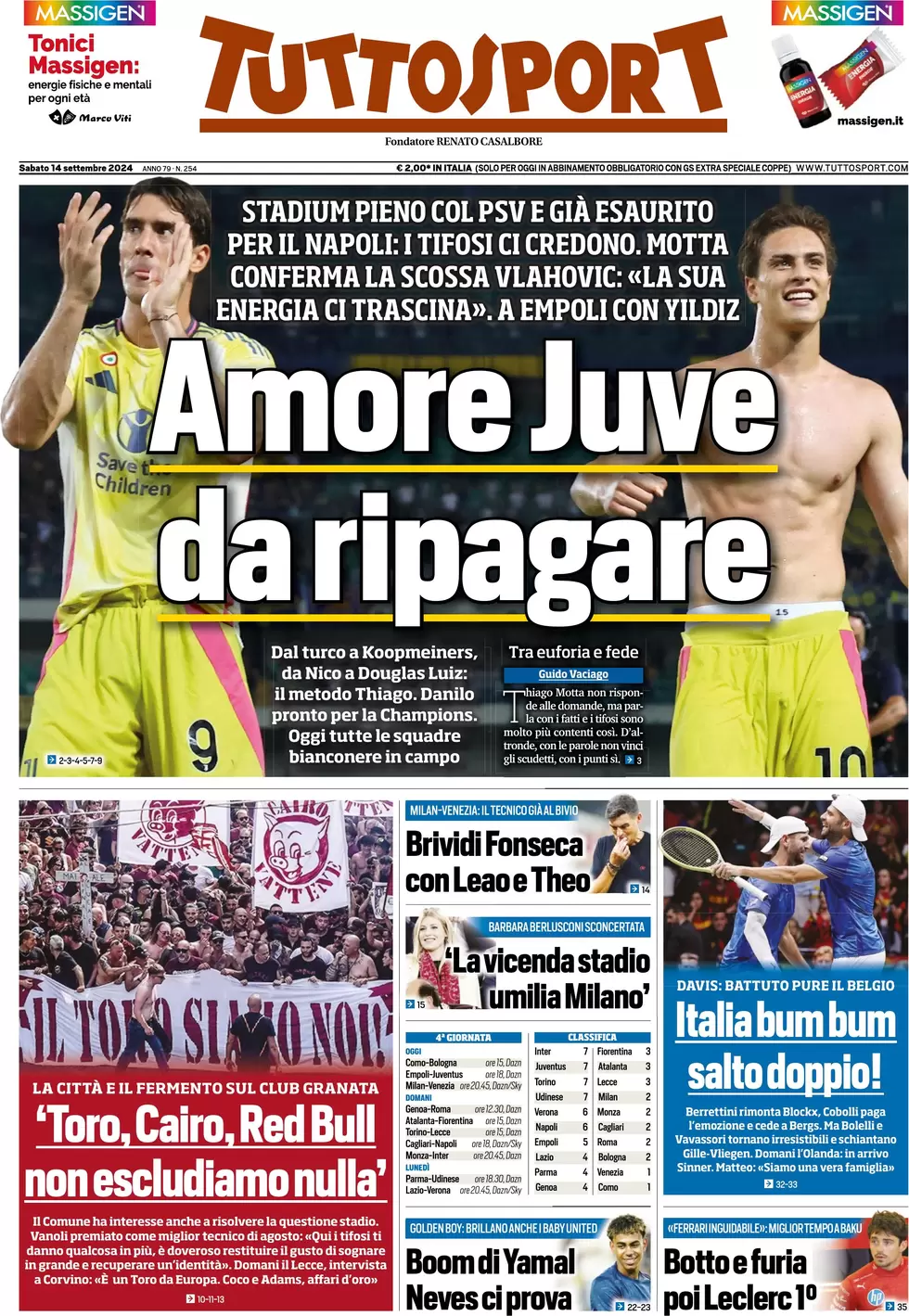 anteprima della prima pagina di tuttosport del 14/09/2024