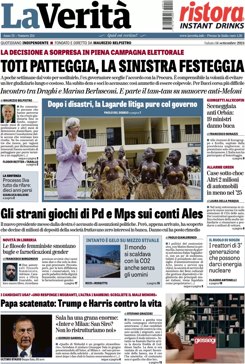 anteprima della prima pagina di la-verit del 14/09/2024