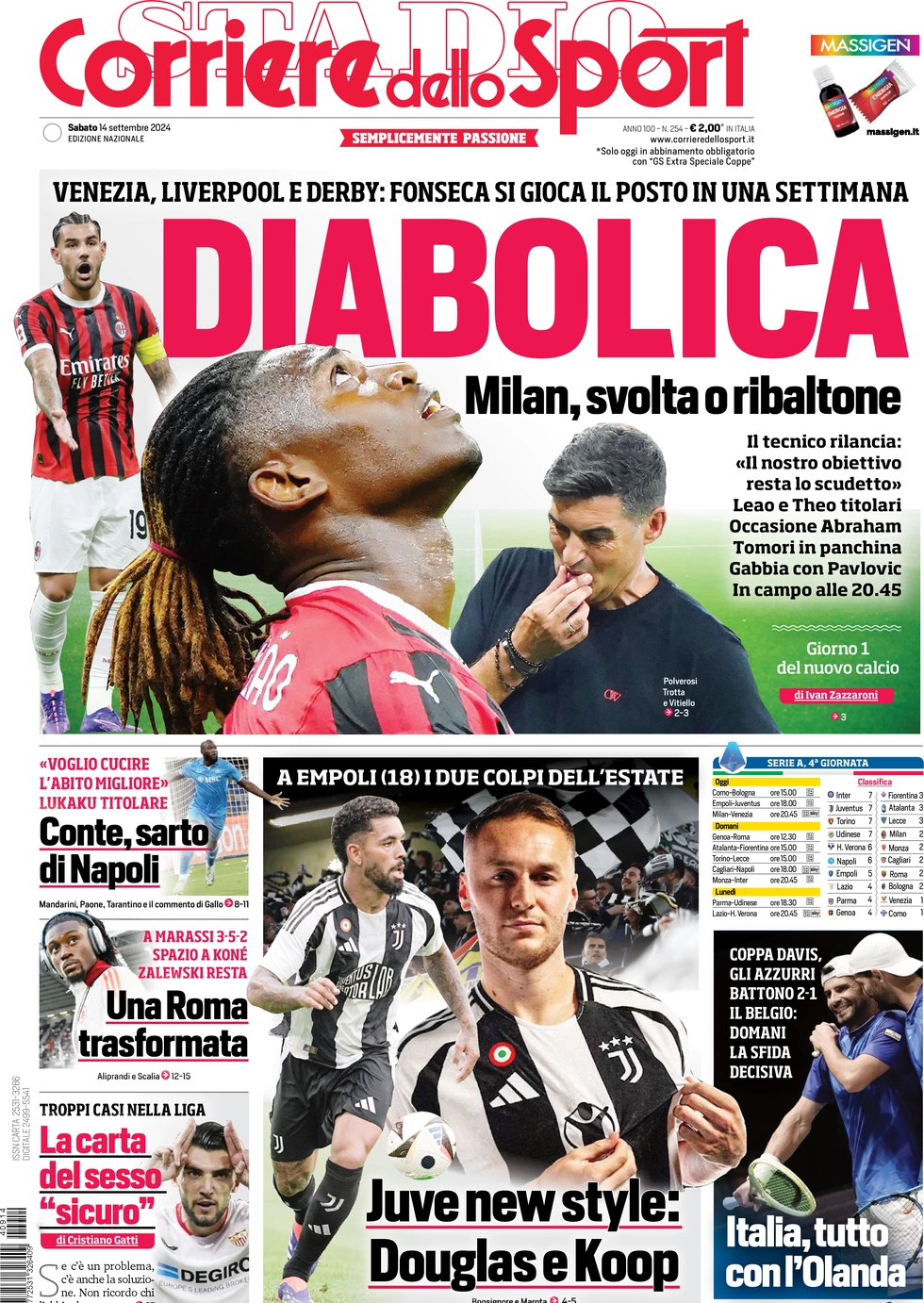 anteprima della prima pagina di corriere-dello-sport del 14/09/2024