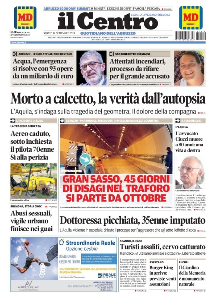 anteprima della prima pagina di il-centro-laquila del 14/09/2024