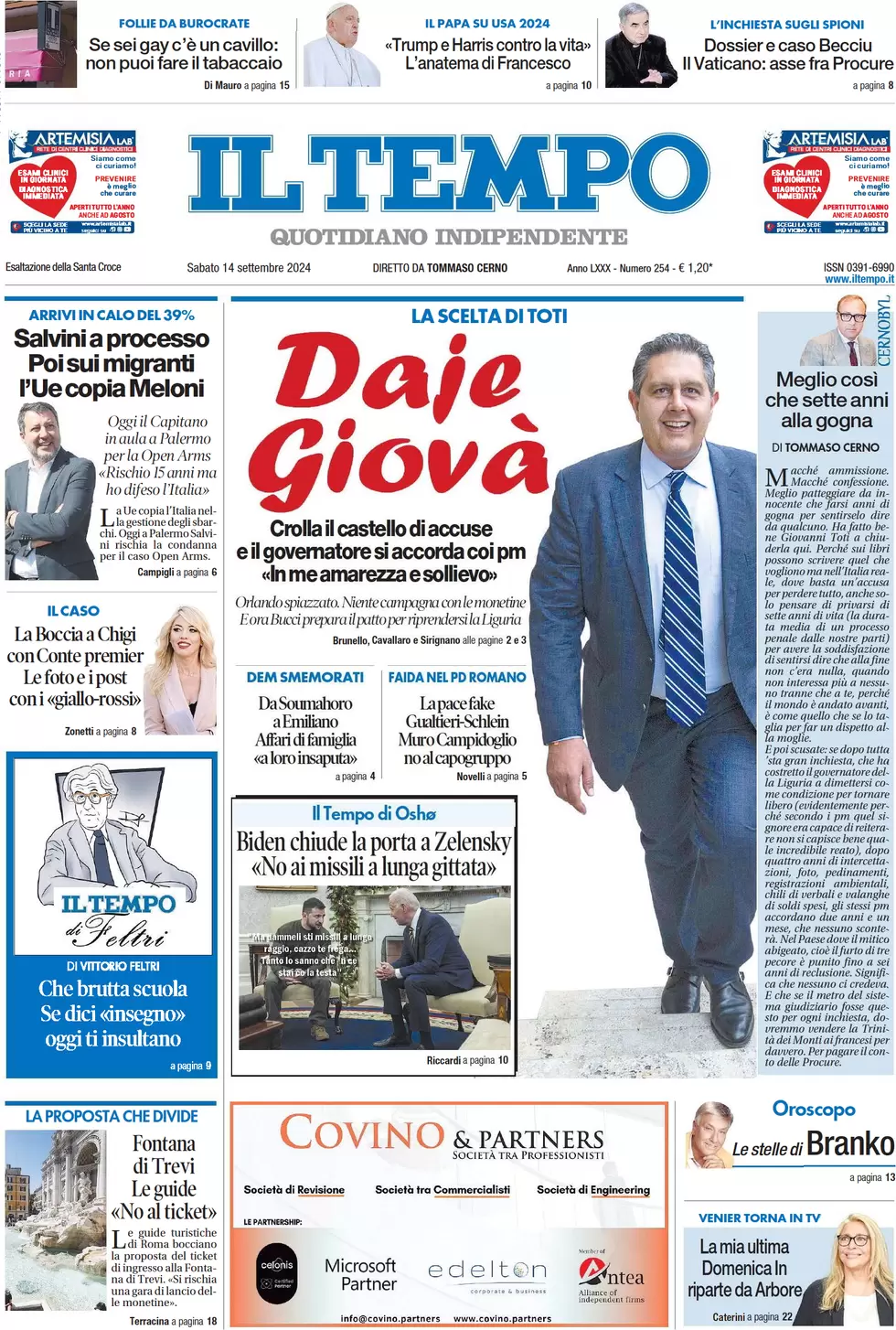 anteprima della prima pagina di il-tempo del 14/09/2024