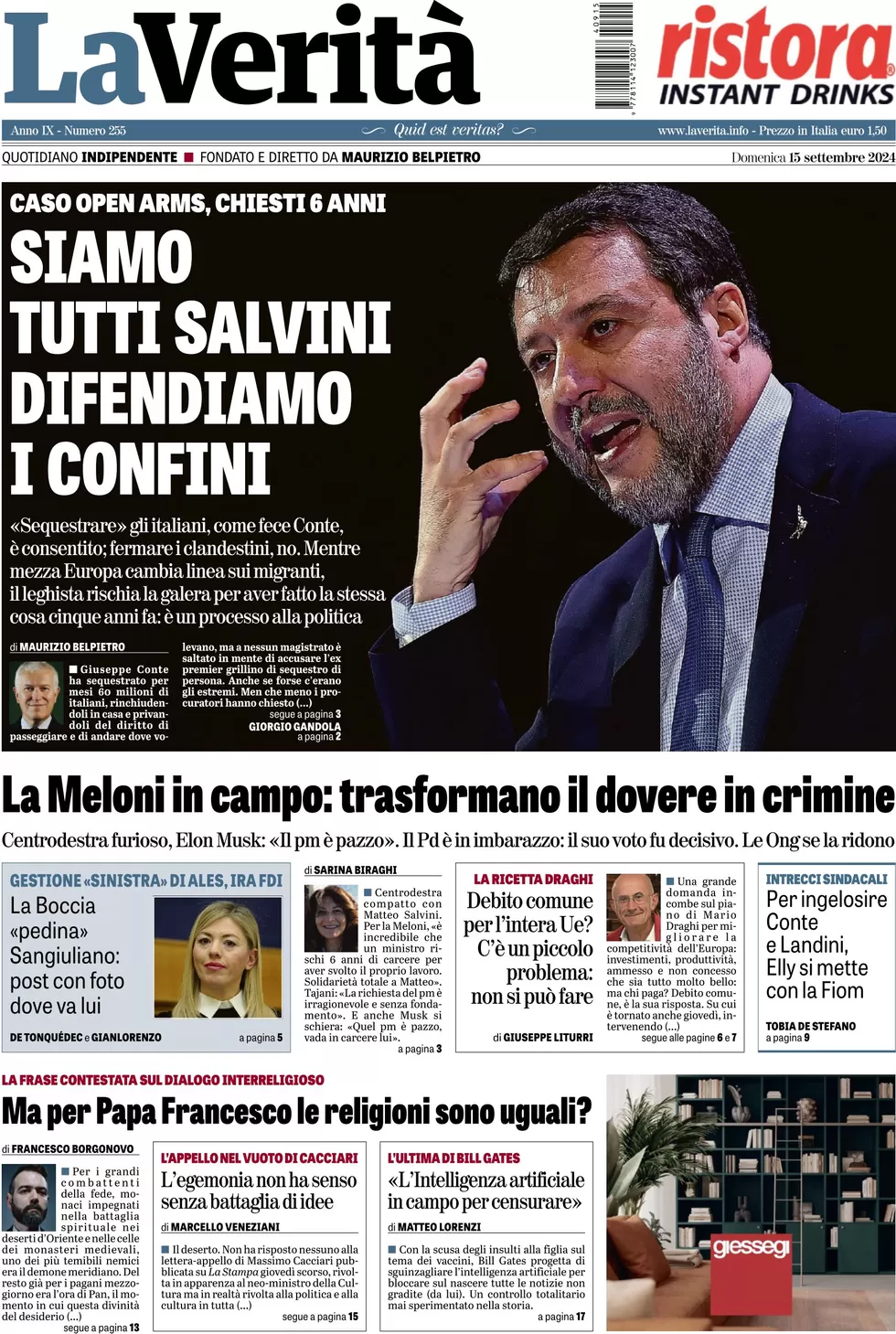 anteprima della prima pagina di la-verit del 15/09/2024
