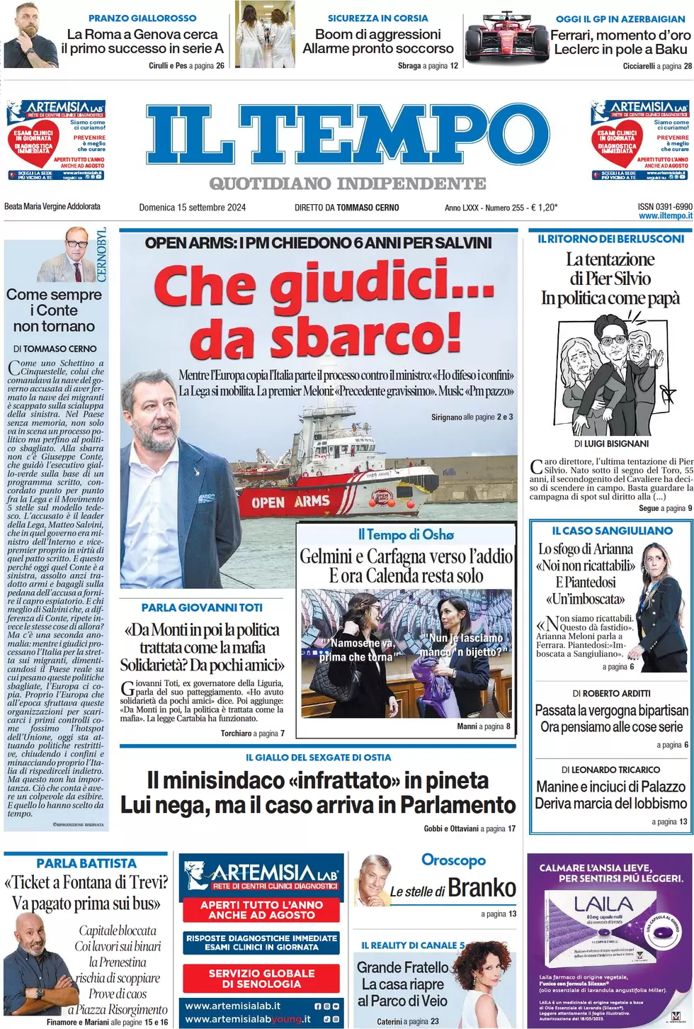 anteprima della prima pagina di il-tempo del 15/09/2024