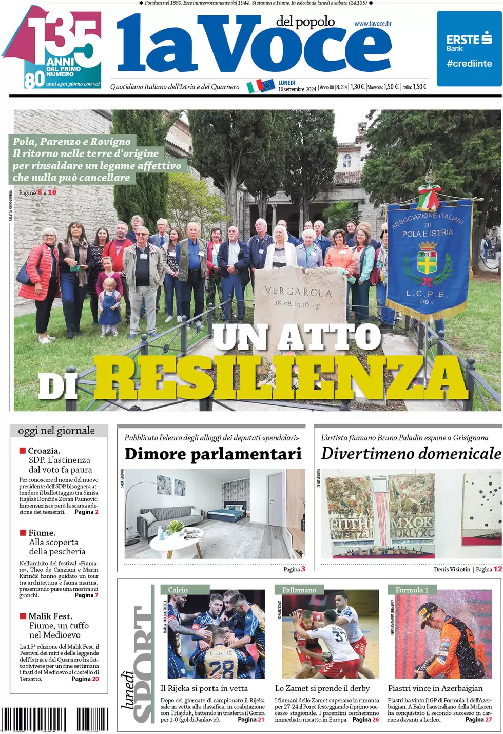 anteprima della prima pagina di la-voce-del-popolo del 16/09/2024
