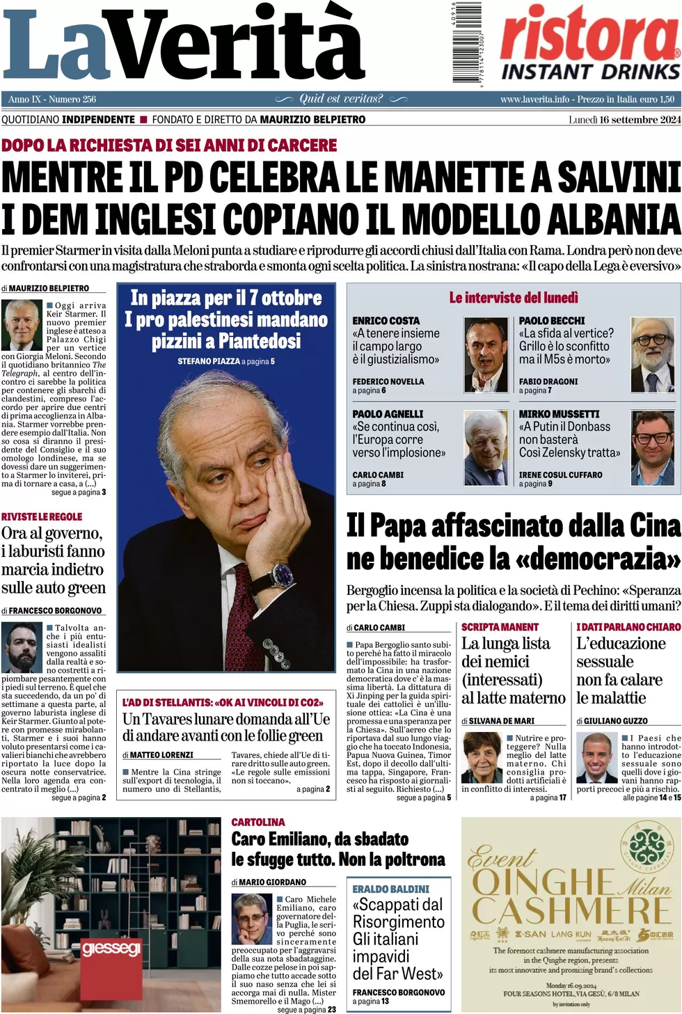 anteprima della prima pagina di la-verit del 16/09/2024