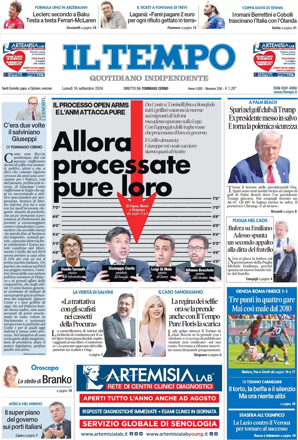 anteprima della prima pagina di il-tempo del 16/09/2024