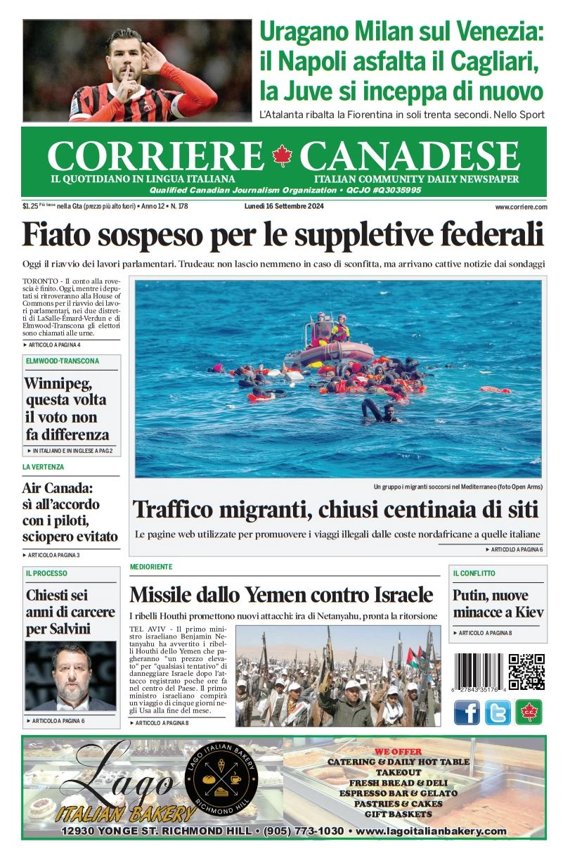 anteprima della prima pagina di corriere-canadese del 16/09/2024