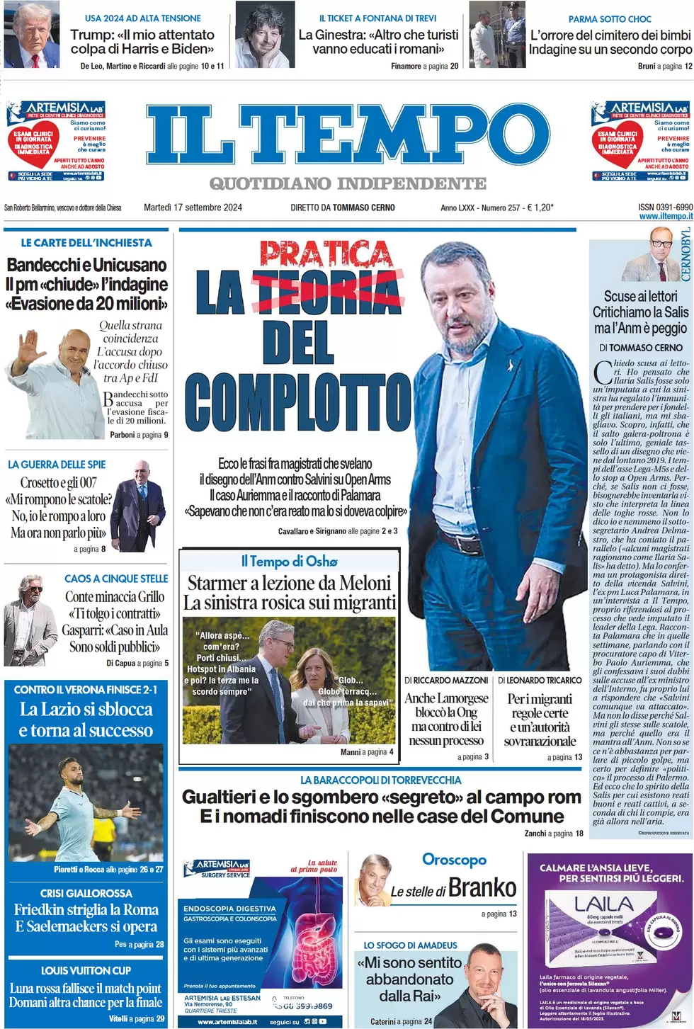 anteprima della prima pagina di il-tempo del 17/09/2024