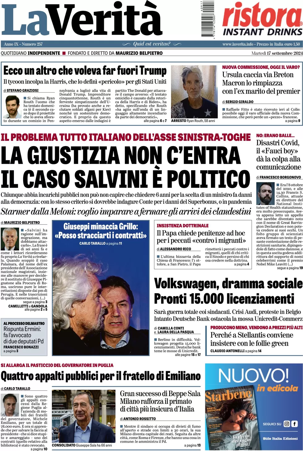 anteprima della prima pagina di la-verit del 17/09/2024